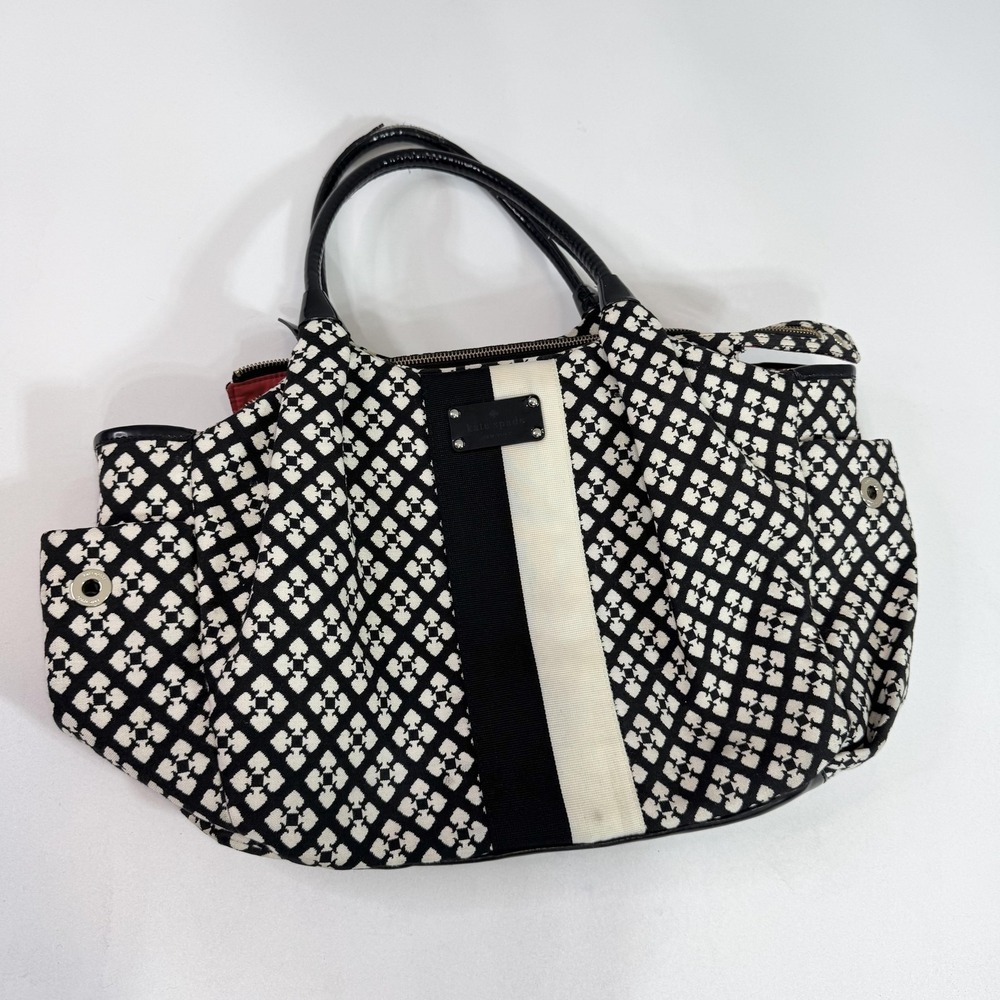 Kate Spade New York Tote Satchel Handbag Black White Print Patent Bottom Red - Picture 1 of 9
